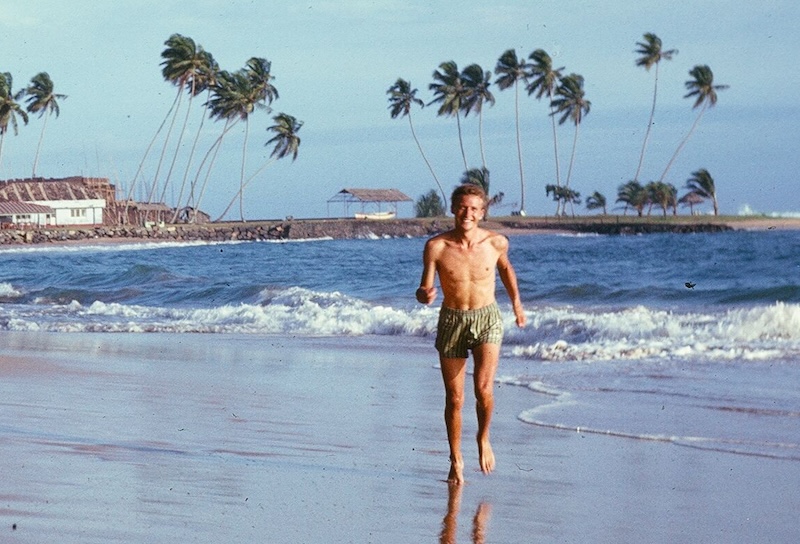 The skinny as a rake author running on a deserted beach in Sri Lanka, then known as Ceylon